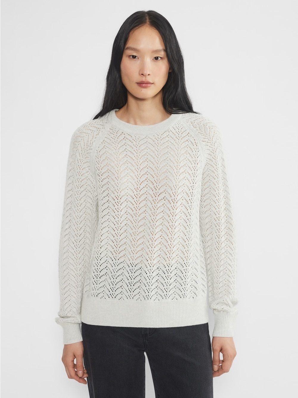ARITZIA WILFRED Arbor Soft Gray Openwork Pointelle Merino Sweater size L